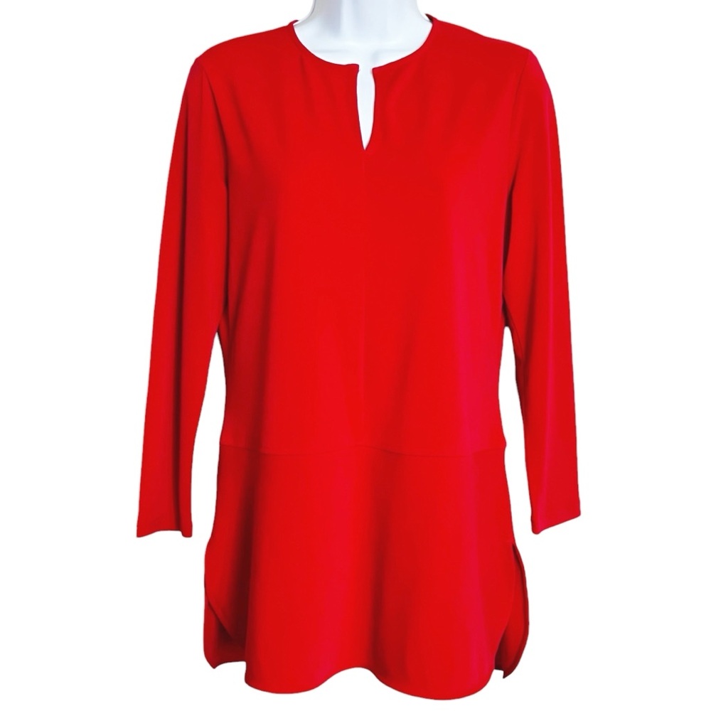 Lauren Ralph Lauren Peplum Tunic Top Womens S Red Keyhole Neck Stretch Office
